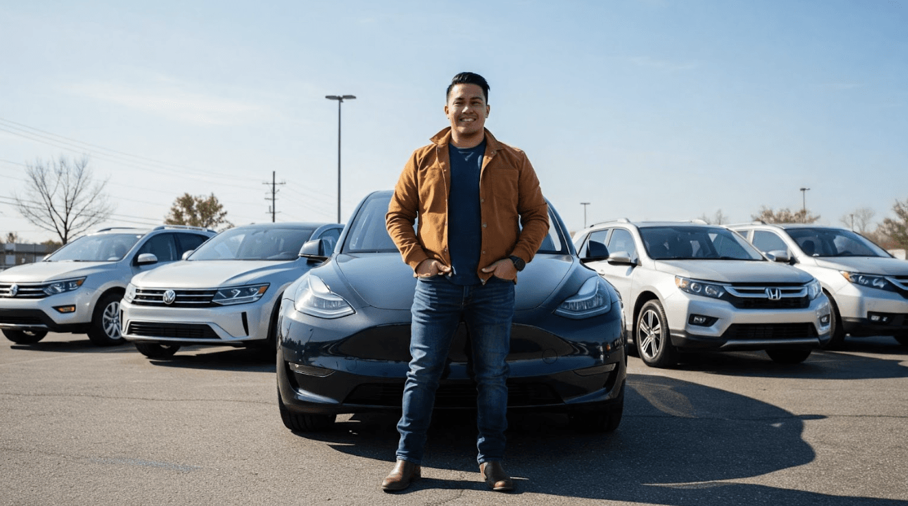 Man standing in front of a group of cars